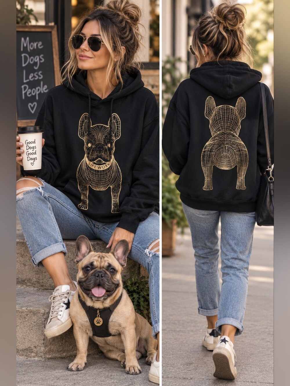 LIFEWORK Frenchie Puppy Black Gold Graphic Hoodie Radog Sweatshirt Womens Size S